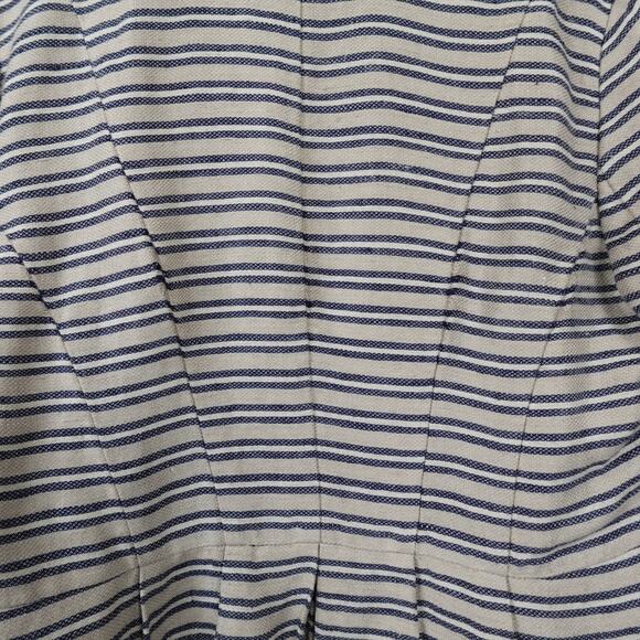 LOFT Linen Blend Striped Blazer Jacket Sz 12 Beige Navy Pleated Peplum Collarles - Picture 11 of 12